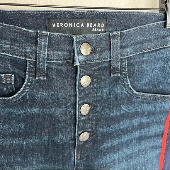 Veronica Beard Carolyn 10” Baby Boot Jeans Midnight Blue Tuxedo Stripe Red - Picture 7 of 12